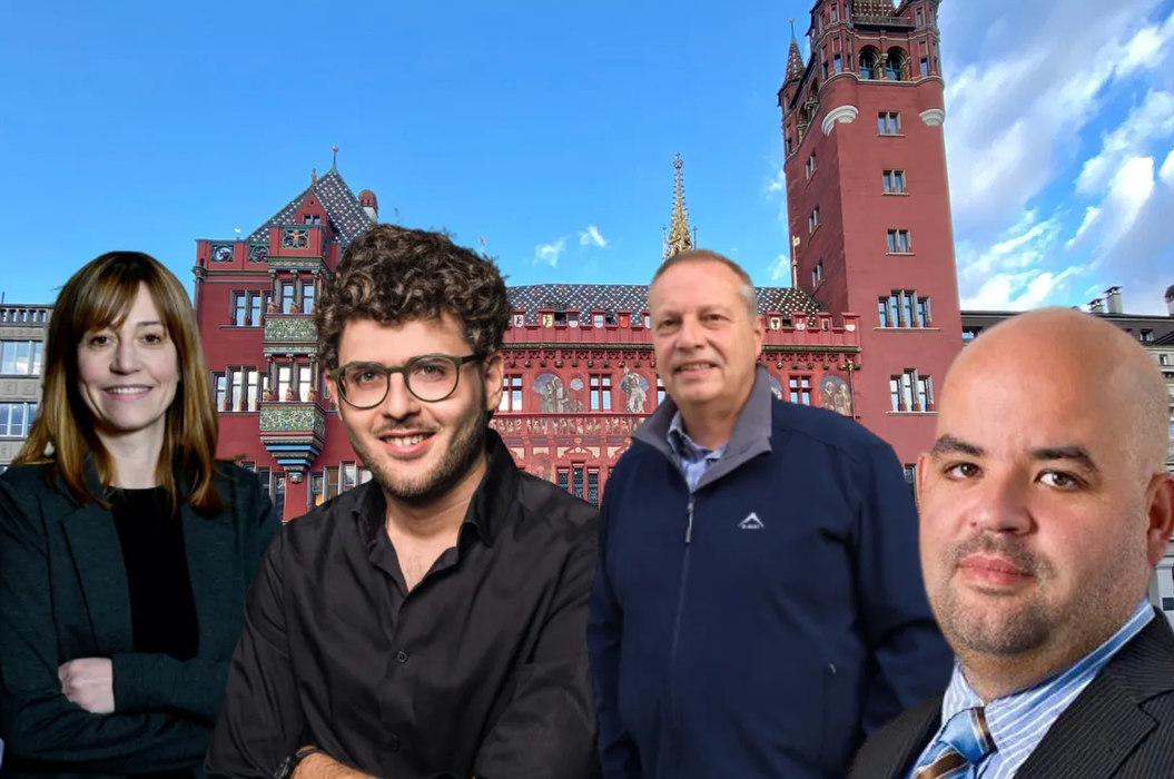 Bajour-Bildcollage mit vier Personen vor dem Basler Rathaus